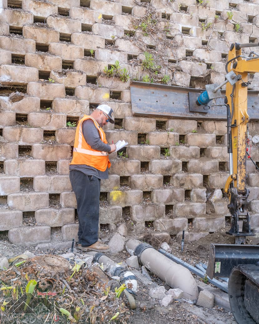 Dalinghaus Foundation Repair installing a tieback anchor system to stabilize a bowing retaining wall.