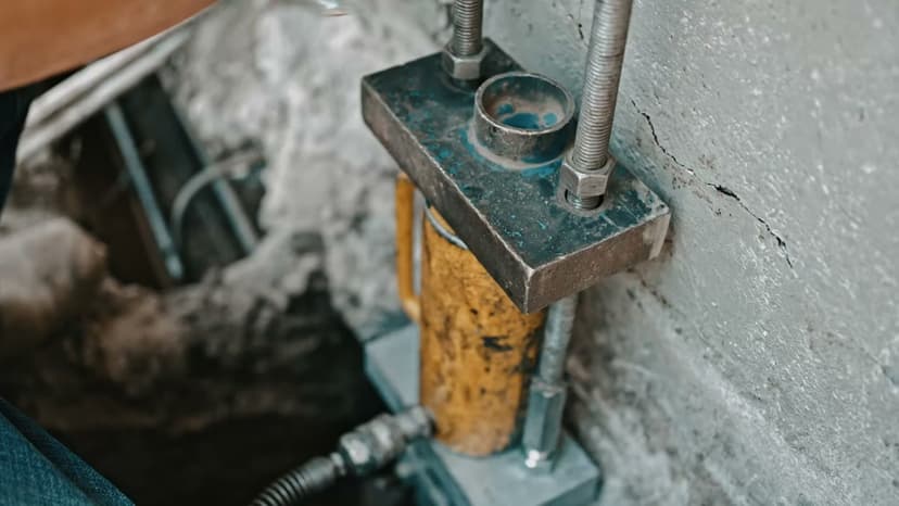 Dalinghaus Foundation Repair crew installing a push pier with a hydraulic ram to stabilize a cracked foundation wall.