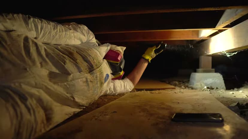 Dalinghaus Foundation Repair technician checking adjustable steel jacks and floor beams in a crawl space