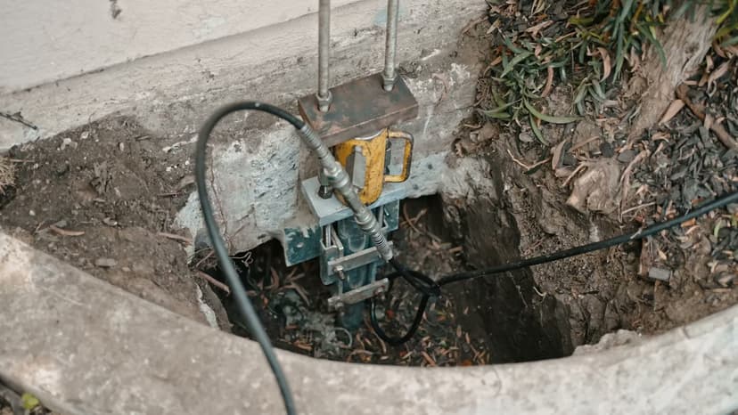 Dalinghaus Foundation Repair crew installing hydraulic push piers for foundation underpinning.