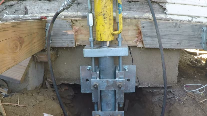 Dalinghaus Foundation Repair installing push piers, foundation underpinning, with a hydraulic ram to repair a foundation