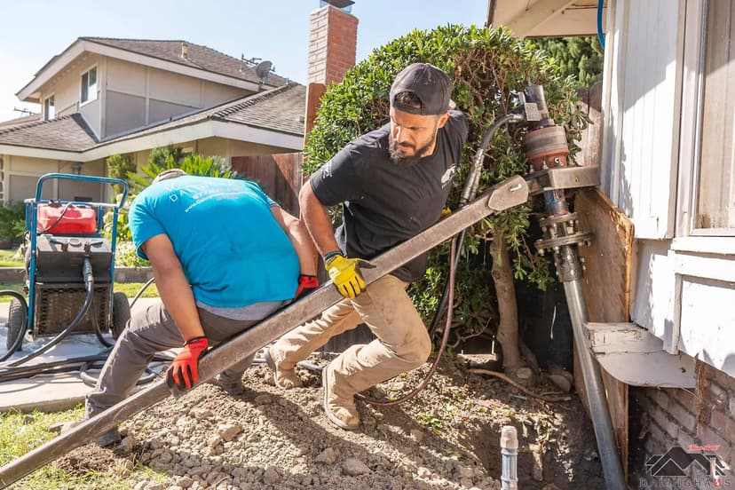 Dalinghaus Foundation Repair crew installing helical piers on a residential foundation using a rotary drive head.