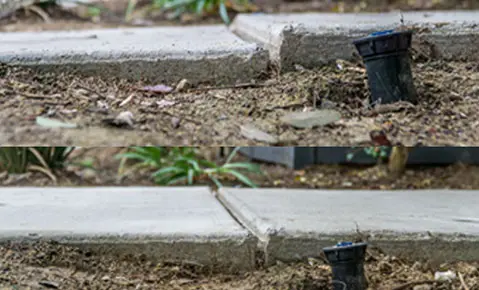 Dalinghaus Foundation Repair showing a before and after of a leveled sunken concrete sidewalk trip hazard