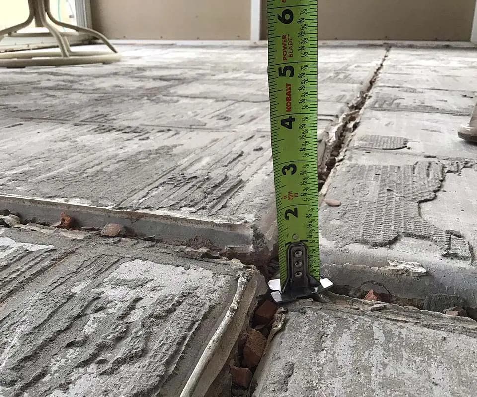 Dalinghaus Foundation Repair measuring vertical offset in uneven, cracked concrete slabs with slab settlement.