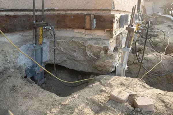 Dalinghaus Foundation Repair installing hydraulic push piers for foundation underpinning and stabilization.