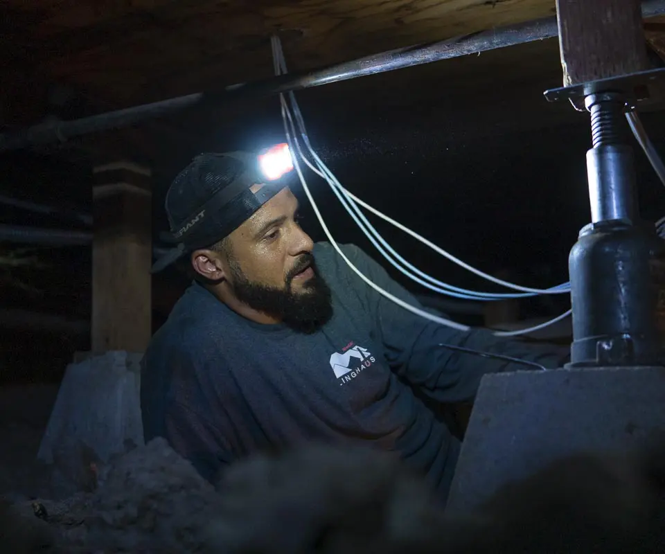 Dalinghaus Foundation Repair crew installing adjustable smart jacks to repair a sagging floor in a crawl space.