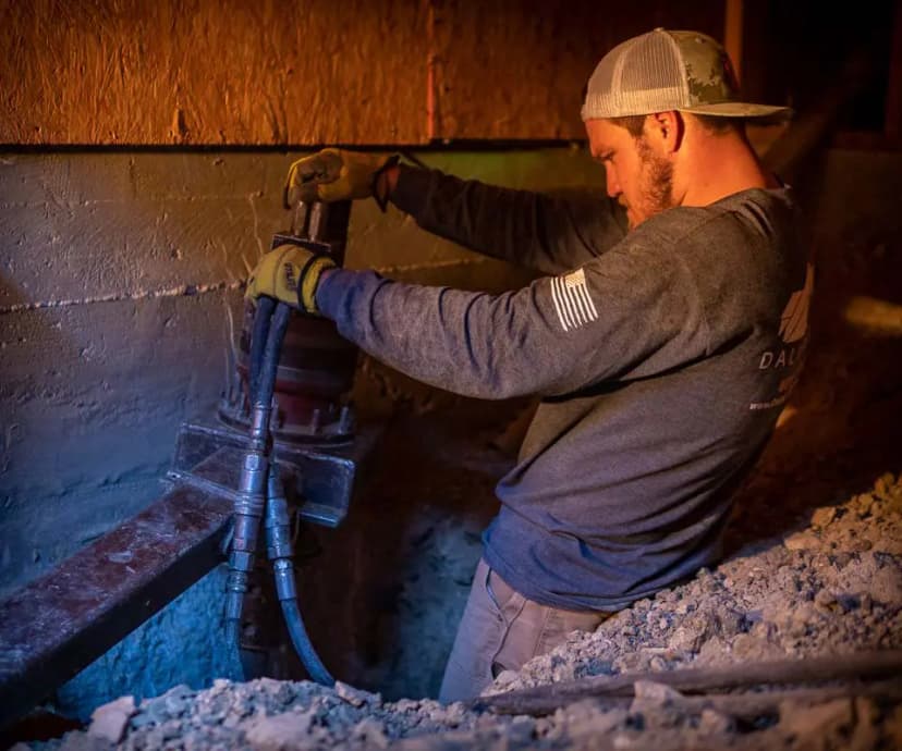 Dalinghaus Foundation Repair technician operating hydraulic equipment for foundation underpinning in a crawl space.