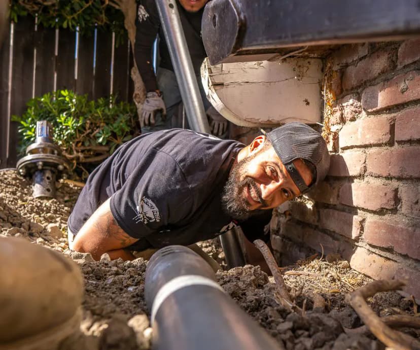 Dalinghaus Foundation Repair crew using a rotary drive head to install helical piers for foundation underpinning of a brick