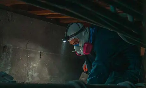 Dalinghaus Foundation Repair technician inspecting a crawl space foundation for structural issues and moisture.