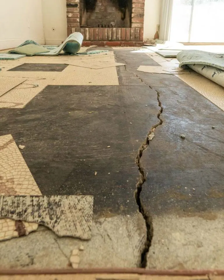 Dalinghaus Foundation Repair assessing a long, severe crack in an interior concrete slab floor.