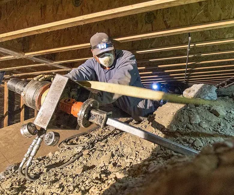Dalinghaus Foundation Repair crew installing a push pier and crawl space jack system to support floor beams.