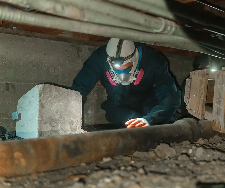 Dalinghaus Foundation Repair technician performing a crawl space inspection among concrete piers.