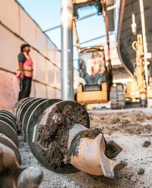 Dalinghaus Foundation Repair crew on site, with an excavator and helical piers for new construction foundation stabilization.