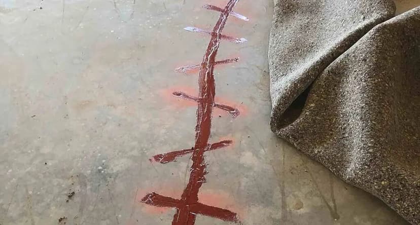 Dalinghaus Foundation Repair identifying an interior slab concrete crack with red paint markings.