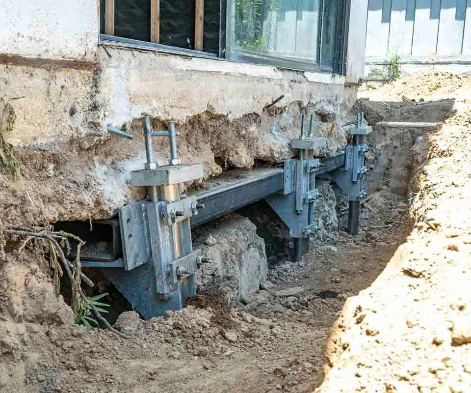 Dalinghaus Foundation Repair installing push piers and steel beams to stabilize a residential foundation.
