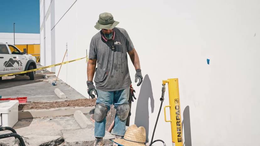 Dalinghaus Foundation Repair crew installing push piers for commercial foundation underpinning, Mesa warehouse.