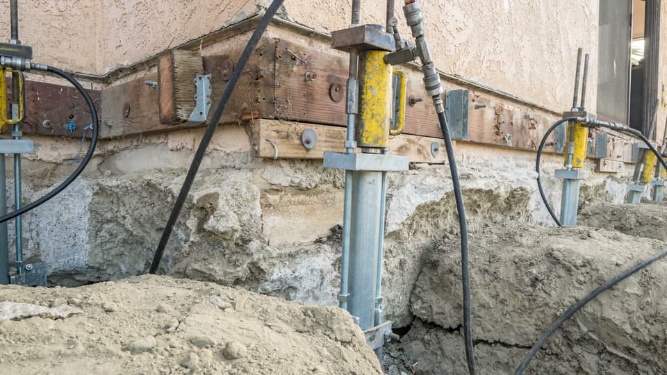 Dalinghaus Foundation Repair installing steel push piers with hydraulic rams for foundation repair in Why.