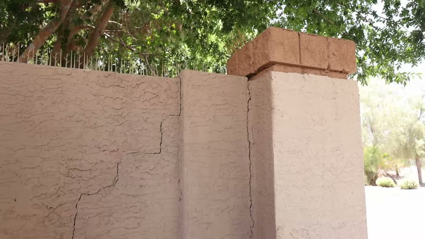 Dalinghaus Foundation Repair inspecting an exterior cracked stucco wall at a property in Arizona.