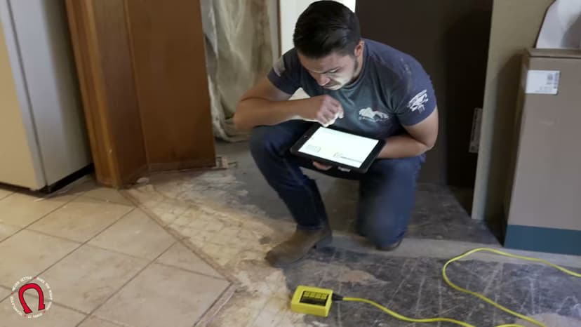 Dalinghaus Foundation Repair technician performing a foundation inspection, floor elevation measurement, and structural