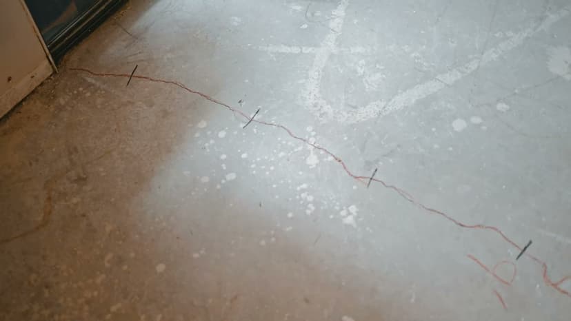 Dalinghaus Foundation Repair inspecting a long concrete slab crack on an interior floor in Laguna Niguel.