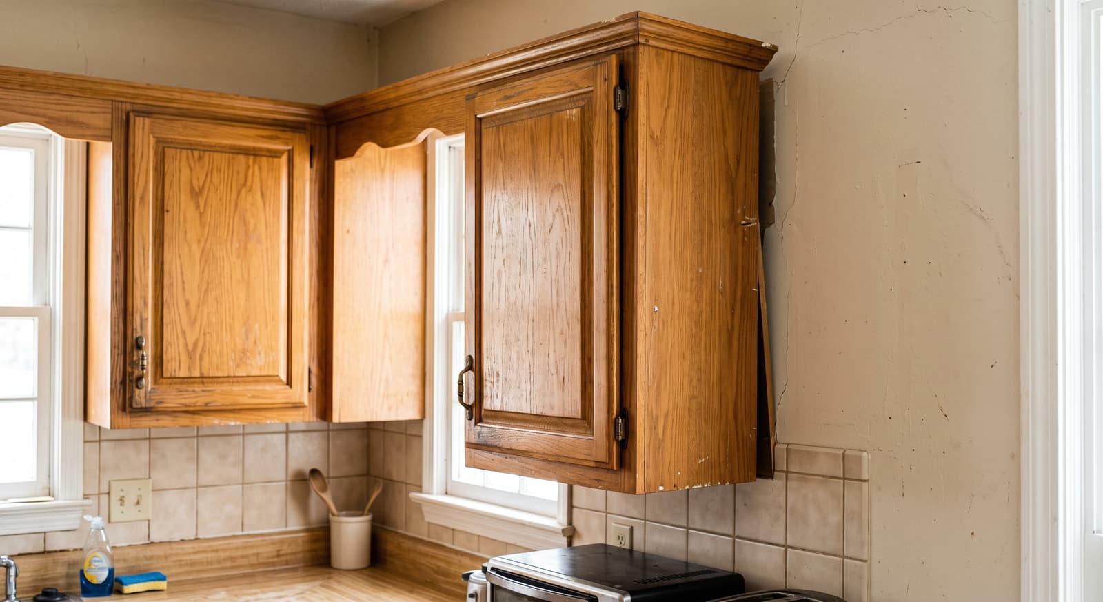 Dalinghaus Foundation Repair inspecting detached kitchen cabinets and wall cracks due to foundation settlement.
