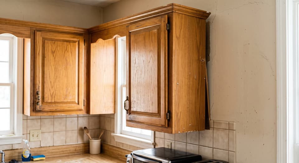 Dalinghaus Foundation Repair inspecting detached kitchen cabinets and wall cracks due to foundation settlement.