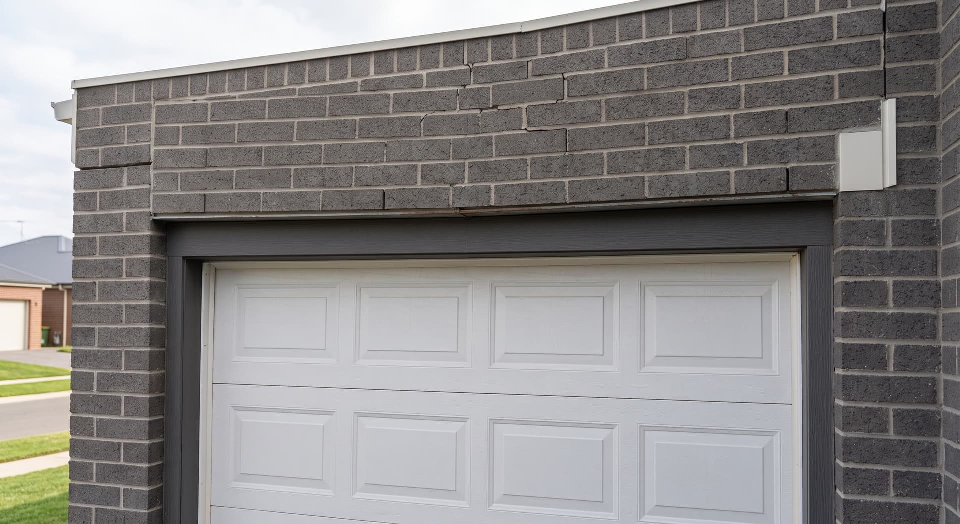Dalinghaus Foundation Repair inspecting severe stair-step cracks and a sagging lintel above a garage door.