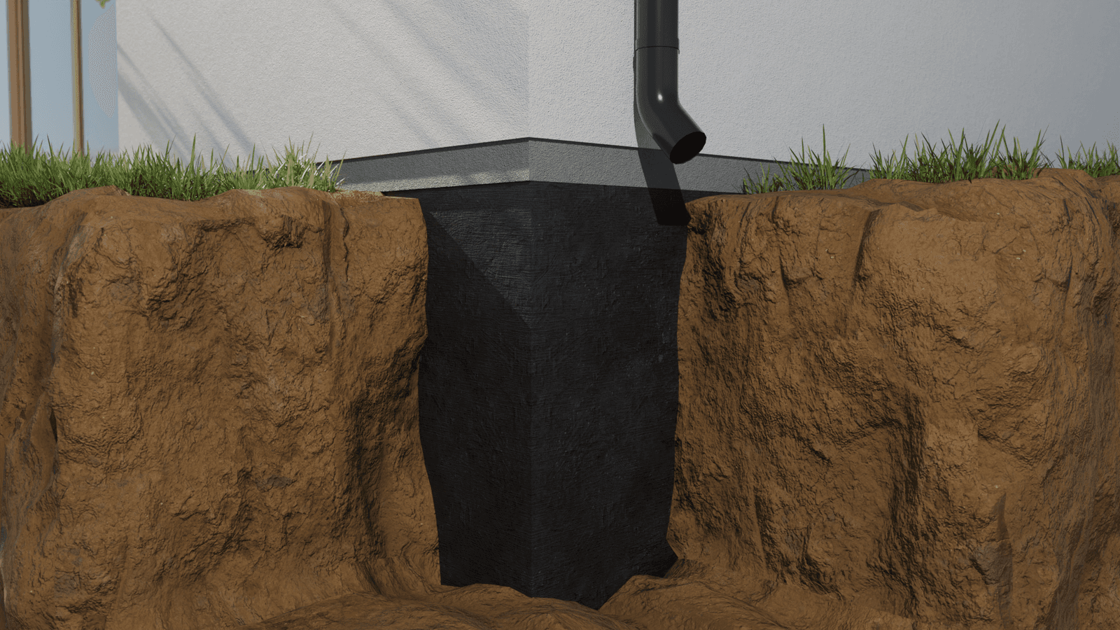 Illustration of a house exterior foundation corner with waterproofing membrane, downspout, and excavated soil