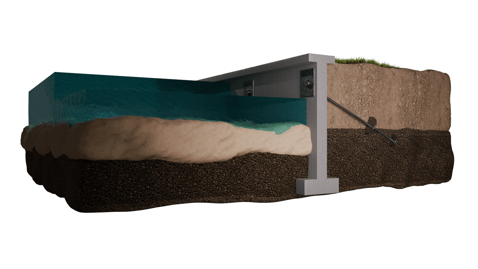 Dalinghaus Foundation Repair illustration of a seawall stabilized with helical tieback anchors extending into the earth