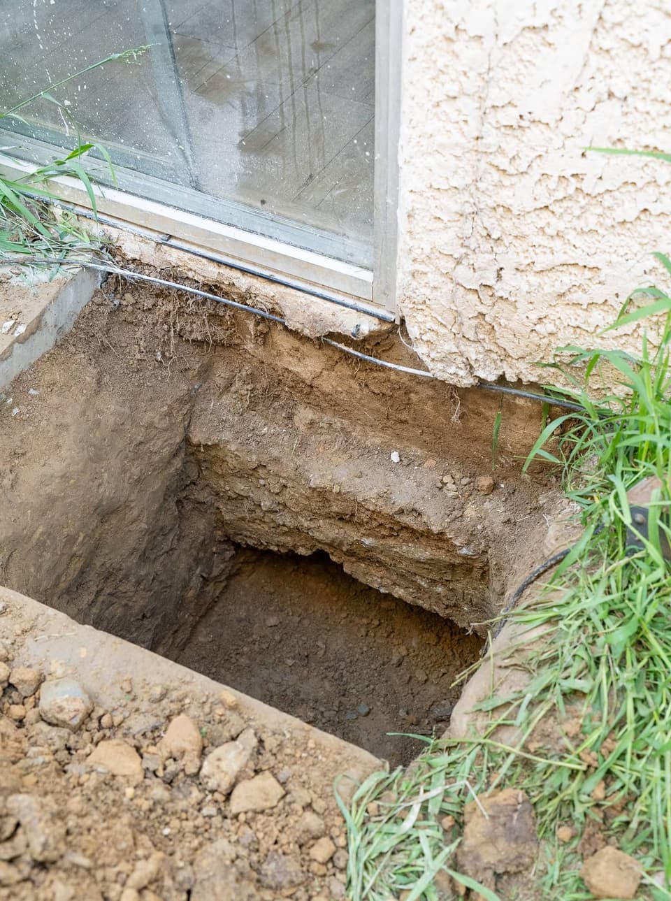 Square hole dug beside a sliding glass door exposing the concrete footing under the stucco wall