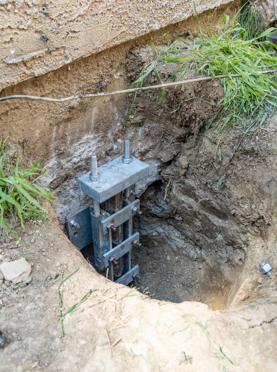 Steel pier sleeve and bracket assembly with threaded rods seated against the footing in an excavated hole