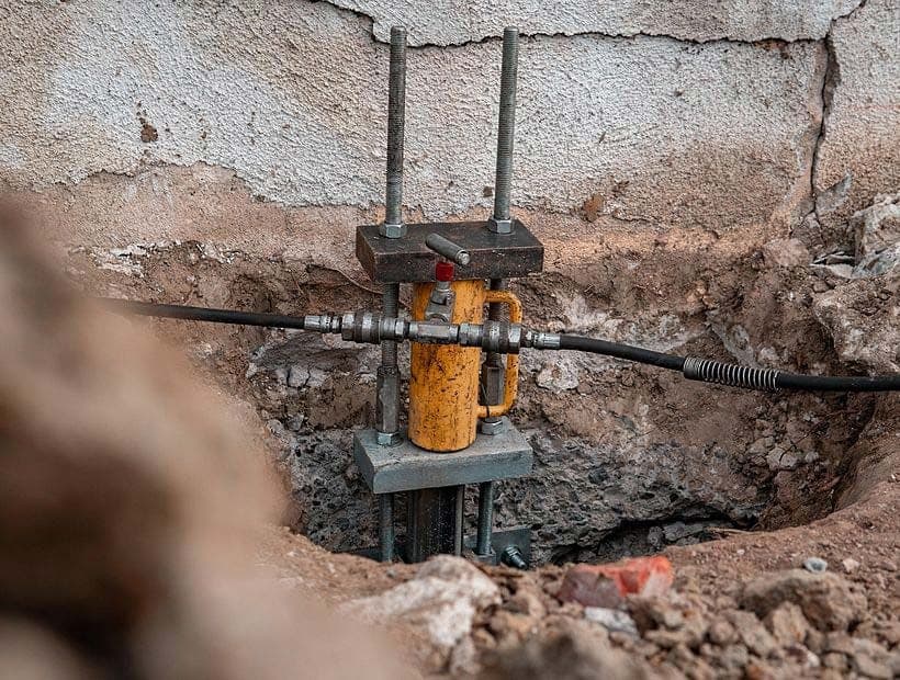 Yellow hydraulic ram clamped to a steel push pier bracket against a cracked concrete stem wall