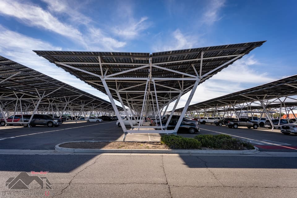 Head on view of a single solar canopy unit, its panel deck spreading symmetrically from one white steel column, with further canopy rows on both sides and parked cars beneath.
