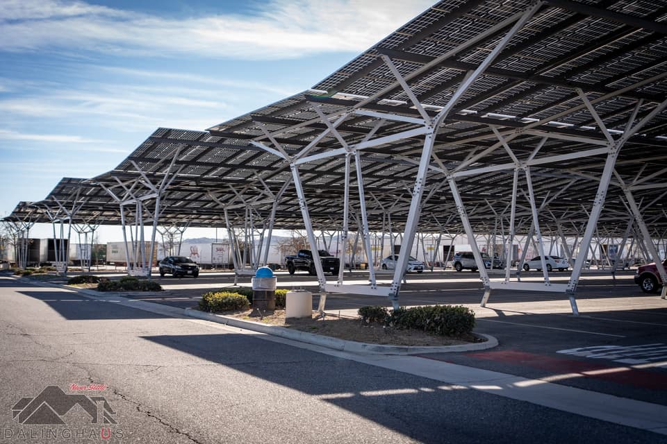 Long run of finished solar canopy receding into the distance on white branching steel columns, with semi trailers lined up along a fence behind and low afternoon sun on the panel deck.