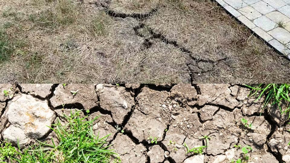 Dry, deeply cracked clay soil beside a home, a sign of expansive soil shrinking in dry weather