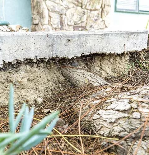 Eroded soil and an open void under the edge of a concrete slab next to a home