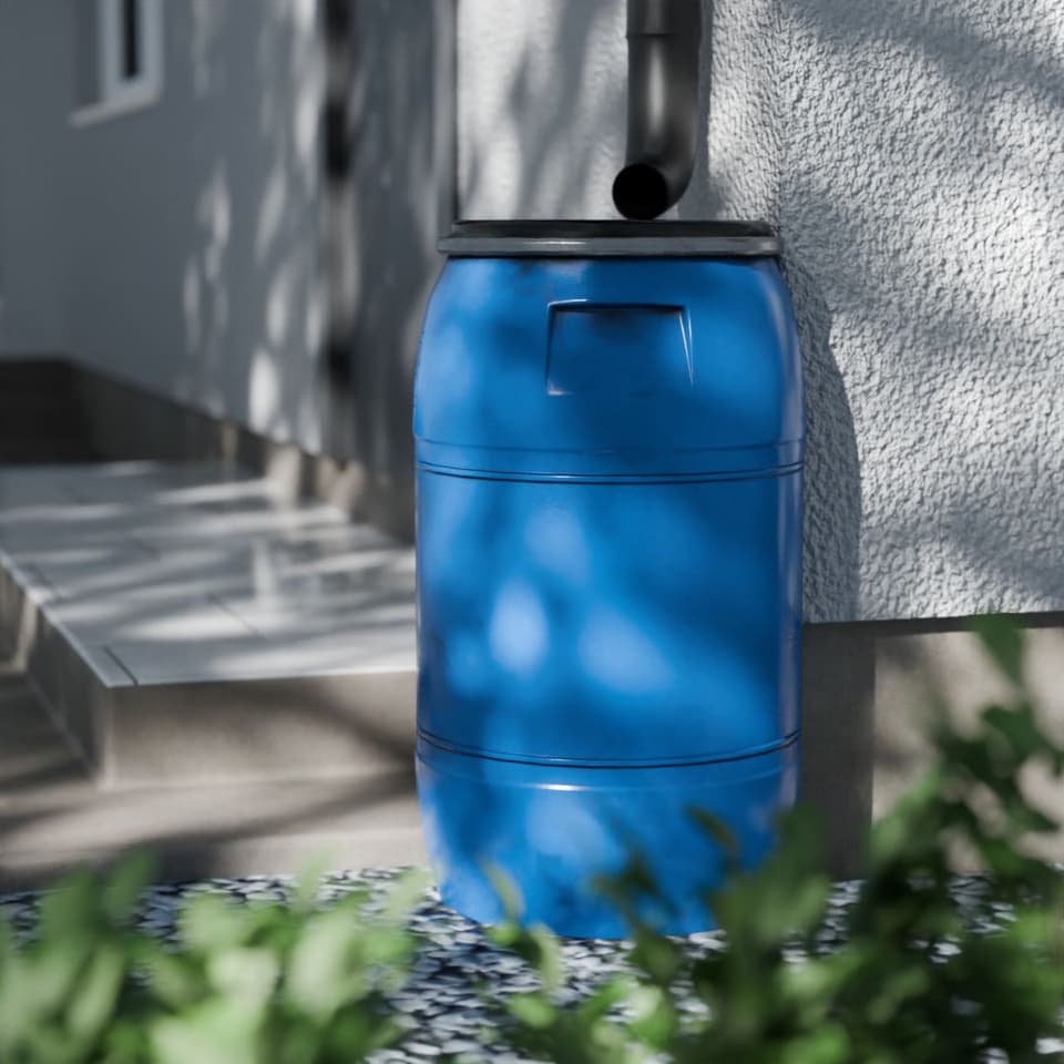 Illustration of a downspout emptying into a barrel set right against the wall of a house