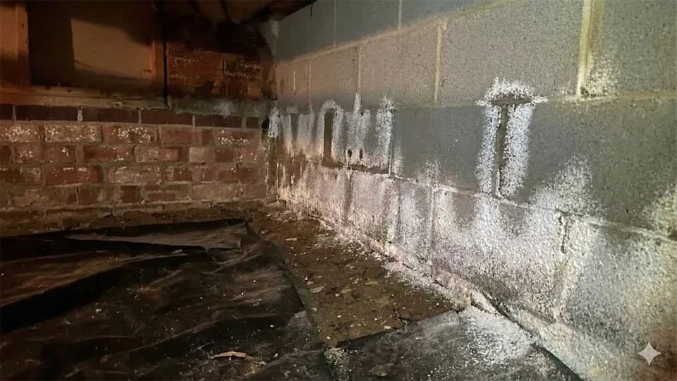 White efflorescence spreading across damp block and brick walls inside a crawl space
