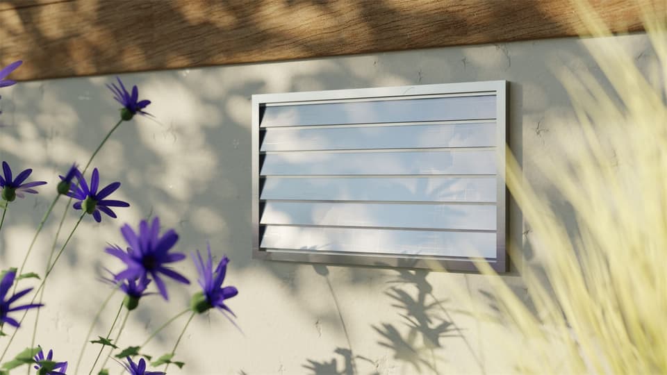 Illustration of an open louvered foundation vent low on an exterior wall, close to plants