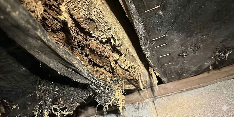 Moisture damage and crumbling rot along a wood framing member under a raised floor