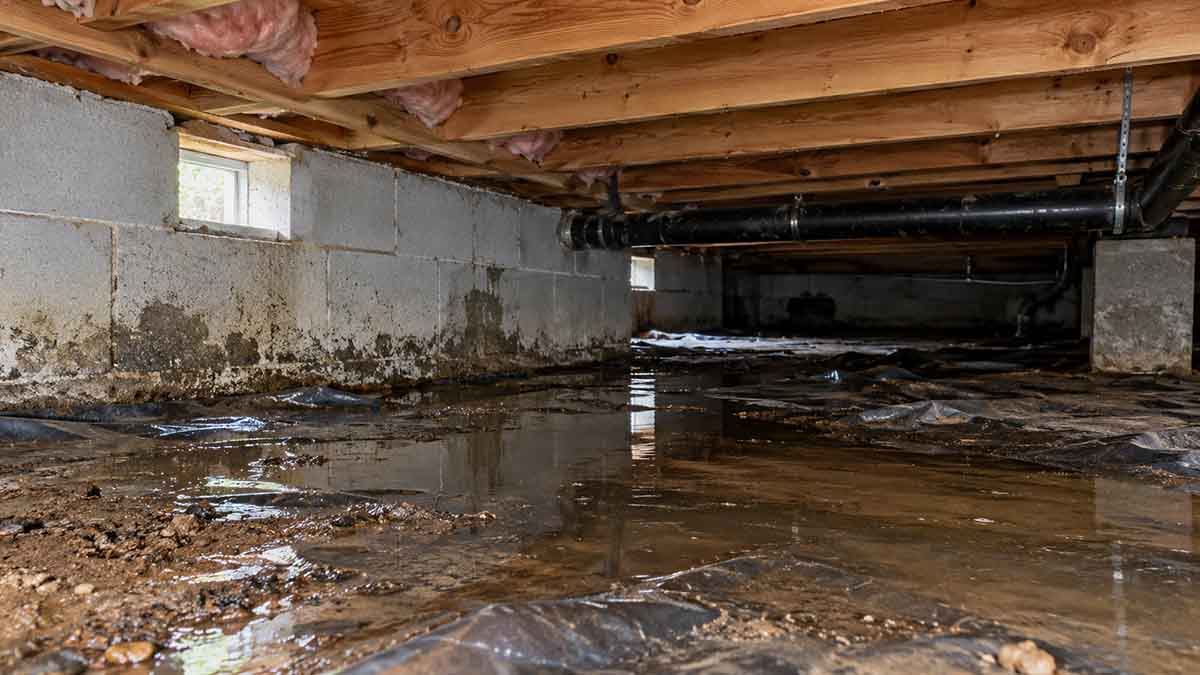 Pooled water across the soil of a crawl space beneath wood floor joists and a block foundation wall