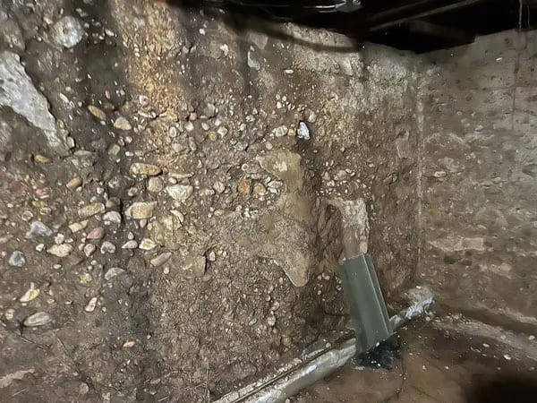 Concrete stem wall in a crawl space with its surface flaked away and the aggregate exposed