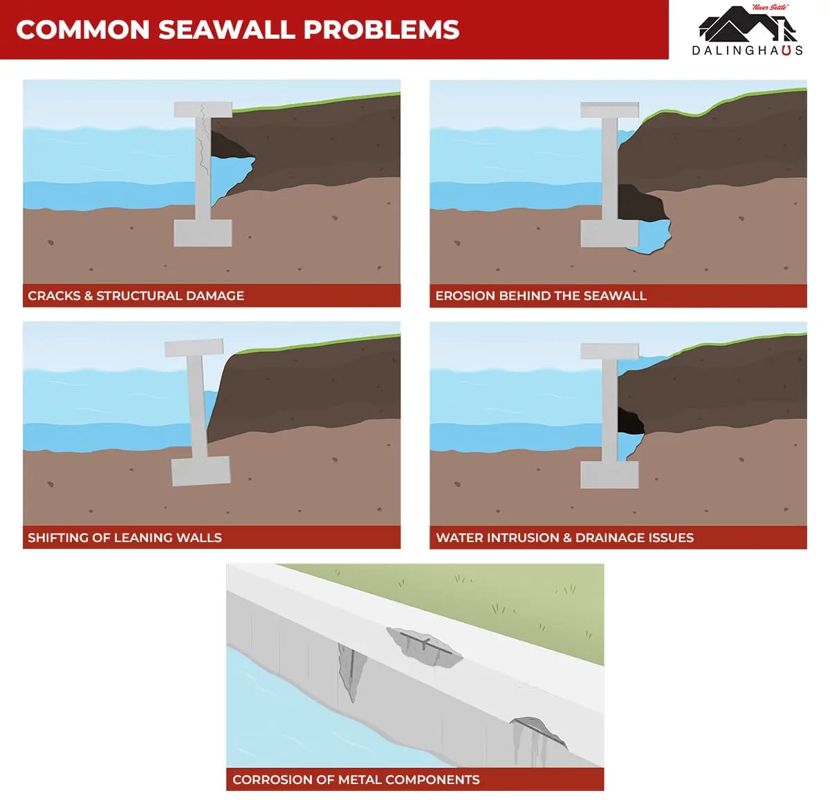 Five panel graphic of common seawall problems including cracking, erosion behind the wall, leaning and corroded metal
