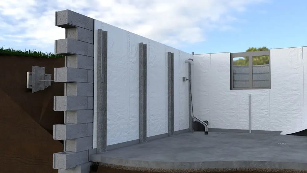 Render of a concrete block retaining wall held back by anchor plates with soil banked behind it