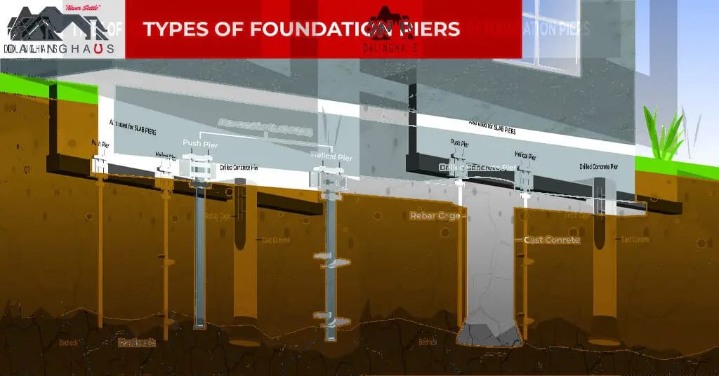 Cutaway render comparing the types of foundation pier that carry a house down to load bearing soil