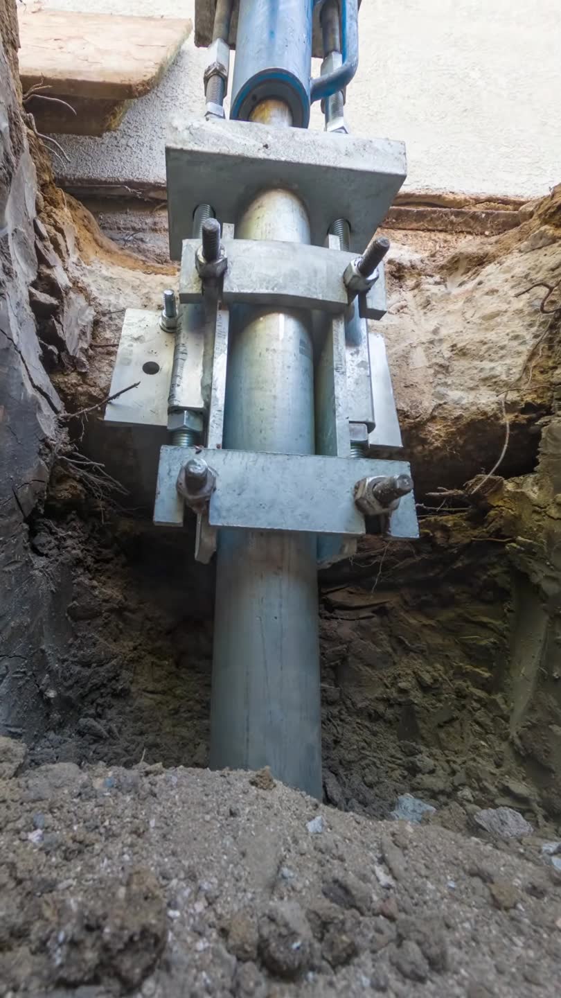 Lifting the back of the home 3 inches on helical piers. Video preview.