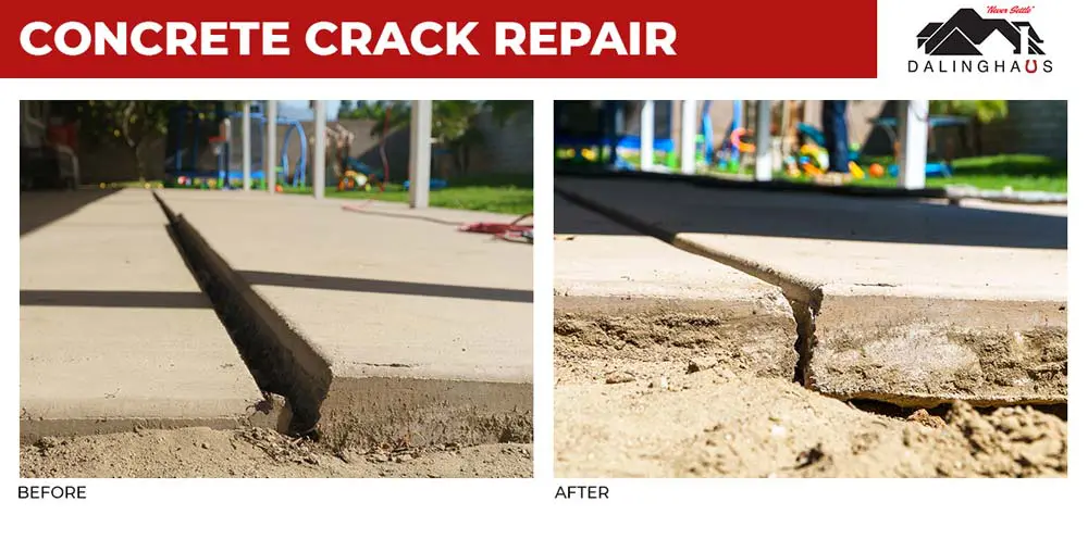 Images of concrete crack repair before and after polyurethane foam injection, a fast, efficient way to repair cracked and uneven sidewalks, driveways, and more.