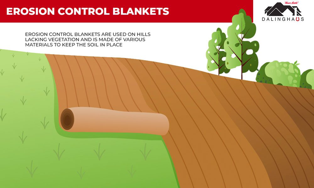 Erosion control blankets come in several different varieties, all of which serve the same purpose. These blankets typically come in a roll and can consist of a wide range of materials, including straw, jute, coconut, and geotextile materials. The main benefit of using one of these blankets is that they can hold a slope in place even if the hill lacks plants to keep the soil in place.